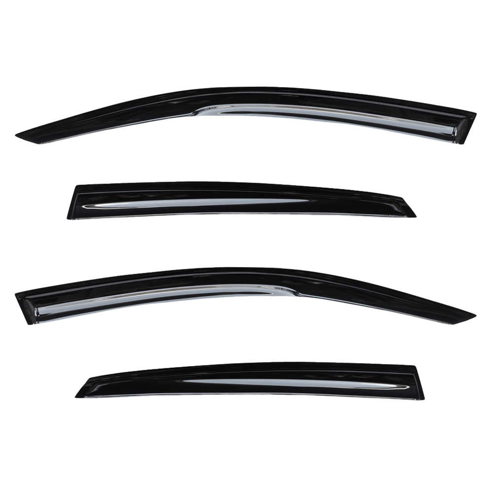 Four glossy black car window rain deflectors arranged horizontally on a plain white background.