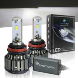 SYNETIC USA H11 H9 H8 LED headlight bulbs with packaging on a reflective surface