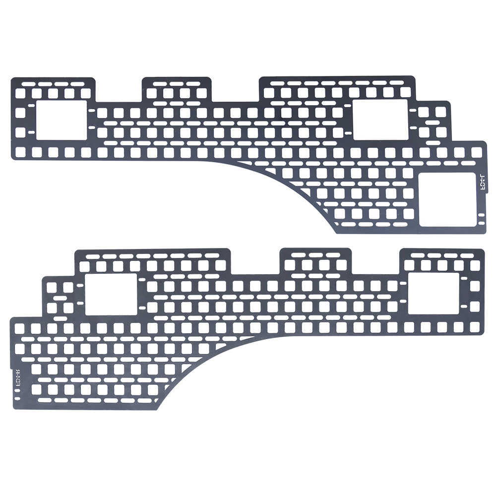 Two stainless steel MOLLE panel for F-150 with grid patterns on a white background