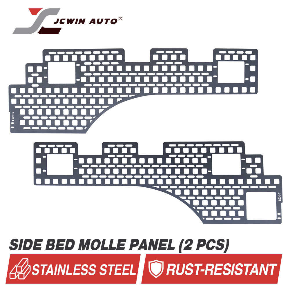 Two stainless steel side bed molle panels with JCWin Auto branding on a white background.