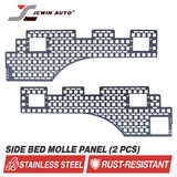 Two stainless steel side bed molle panels with JCWin Auto branding on a white background.