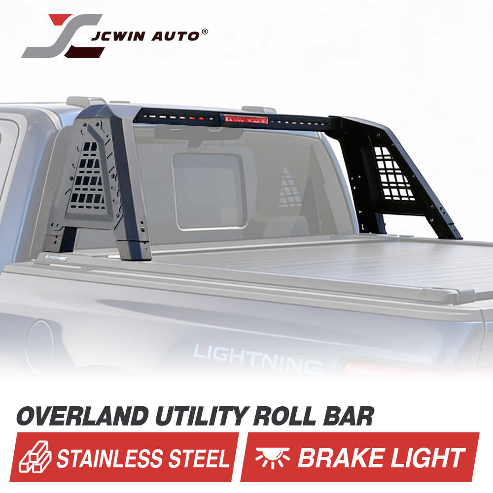 Overland utility roll bar with brake light on a truck bed, featuring JCWin Auto branding.