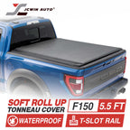 Blue truck with a soft roll up tonneau cover on a white background, featuring JCWin Auto branding.