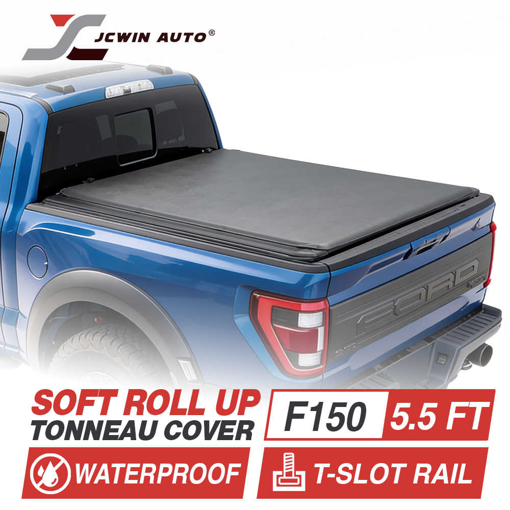 Blue truck with a soft roll up tonneau cover on a white background, featuring JCWin Auto branding.