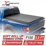 Blue truck with a soft roll up tonneau cover on a white background, featuring JCWin Auto branding.