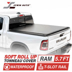 White Ram truck with a soft roll up tonneau cover, featuring JCWin Auto branding.