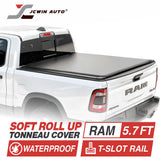 White Ram truck with a soft roll up tonneau cover, featuring JCWin Auto branding.