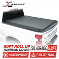 Chevrolet Silverado truck bed with a soft roll up tonneau cover, featuring JCWin Auto branding.
