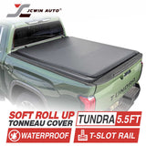 Green Toyota Tundra truck with a soft roll up tonneau cover on a white background, featuring JCWin Auto branding.