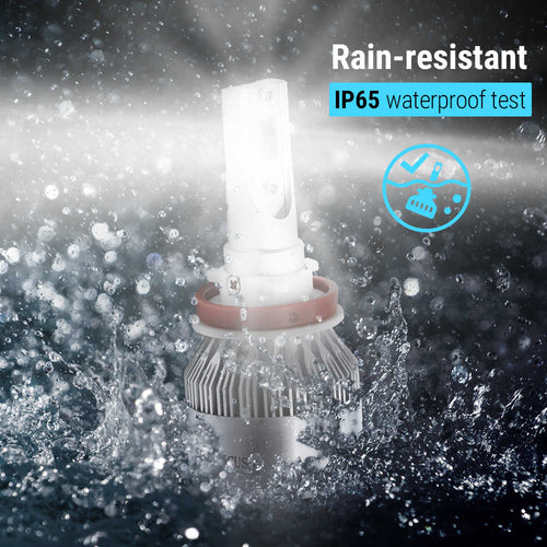 Car headlight bulb with water splashes and 'Rain-resistant IP65 waterproof test' text