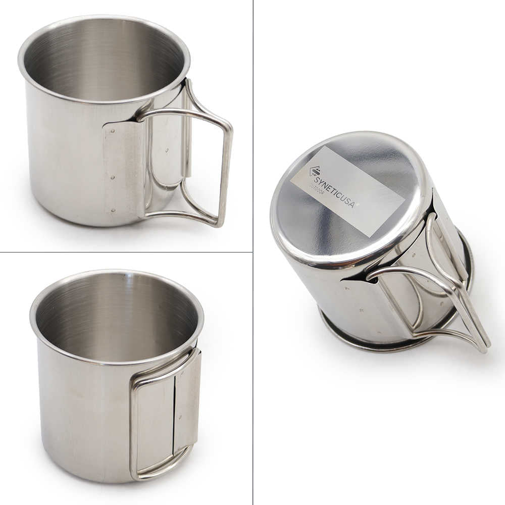 A stainless steel camping mug shown from multiple angles on a white background, including a side view with handle, a front-facing view, and a top-down view showing a Synthetusa label.