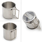 A stainless steel camping mug shown from multiple angles on a white background, including a side view with handle, a front-facing view, and a top-down view showing a Synthetusa label.