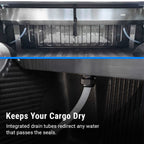 Close-up of a vehicle's undercarriage with integrated drain tubes and text highlighting cargo dryness.