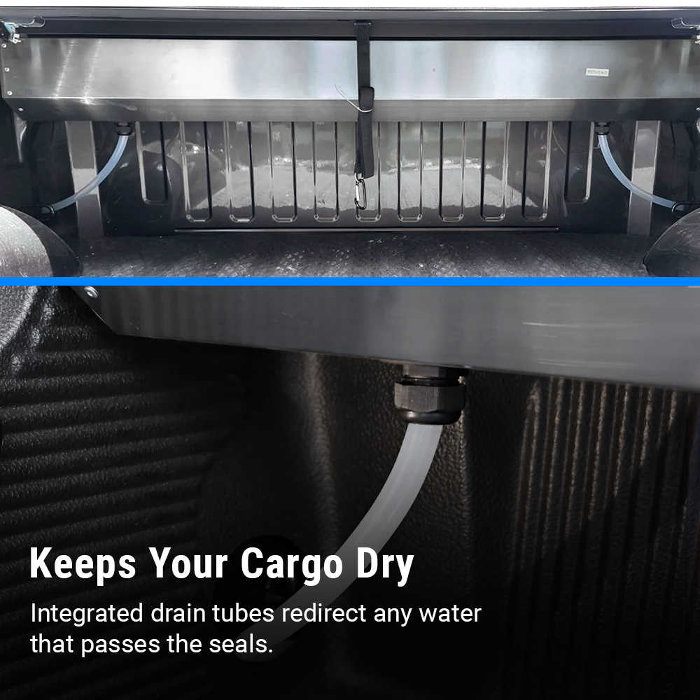 Close-up of a vehicle's undercarriage with integrated drain tubes and text highlighting cargo dryness.