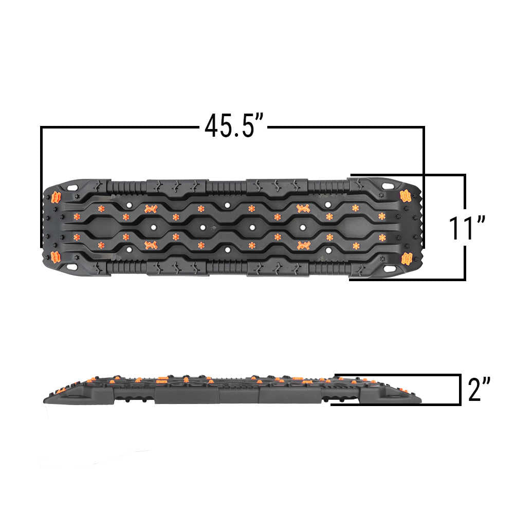 45.5-inch black and orange traction mat for trucks, 11-inch wide, 2-inch thick, ideal for off-road recovery