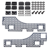 bed side MOLLE panel parts including keycaps, switches, and mounting hardware on a white background