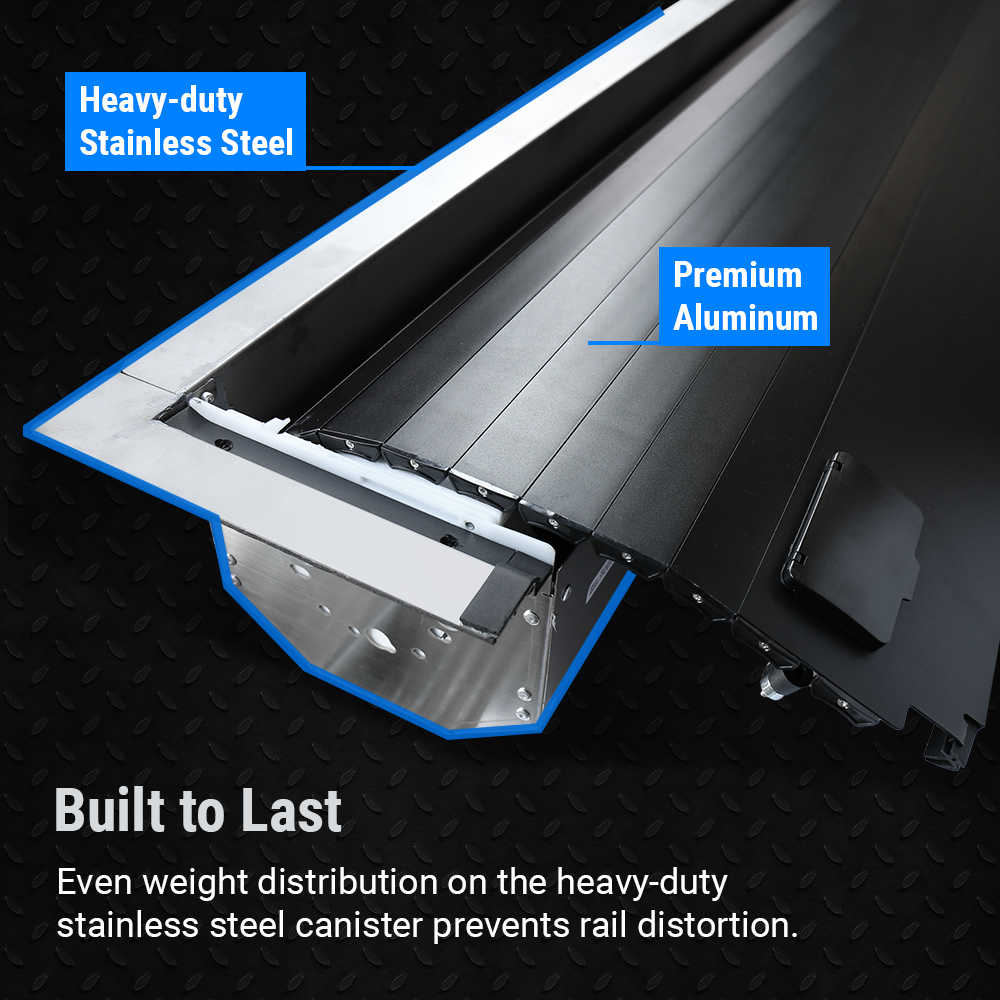 Heavy-duty stainless steel and premium aluminum product with text on a dark textured background