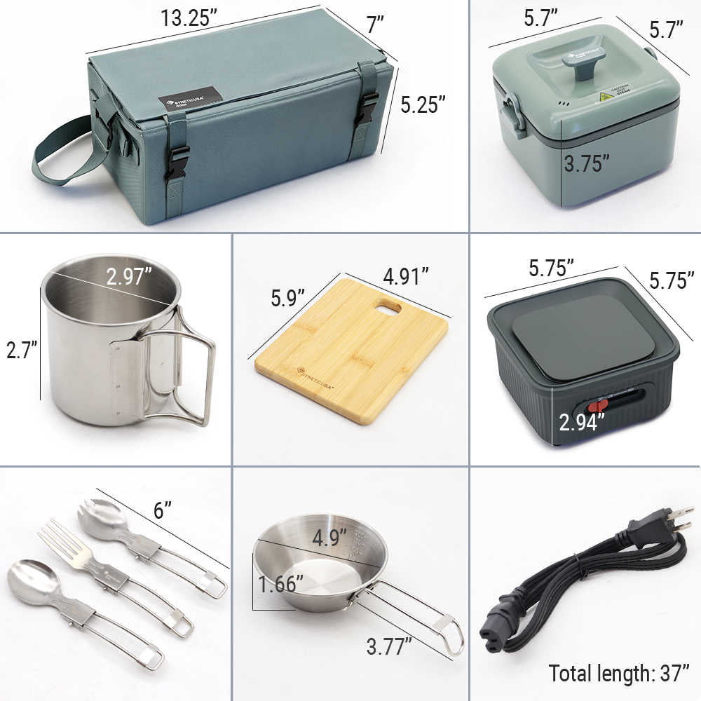 A 3x3 grid showing a camping kitchen set with dimensions labeled for each item: a blue insulated bag, a small metal cup, a bamboo cutting board, a black hot plate, a utensil set, a small metal bowl, and a power cord.