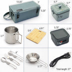 A 3x3 grid showing a camping kitchen set with dimensions labeled for each item: a blue insulated bag, a small metal cup, a bamboo cutting board, a black hot plate, a utensil set, a small metal bowl, and a power cord.