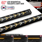Two black 60-inch LED sequential tailgate light bars shown on a white background, with text reading '60" LED SEQUENTIAL TAILGATE LIGHT BAR' and 'AMBER Sequential Arrow Turn Signal.' A small badge says 'IC Driver Made in S.