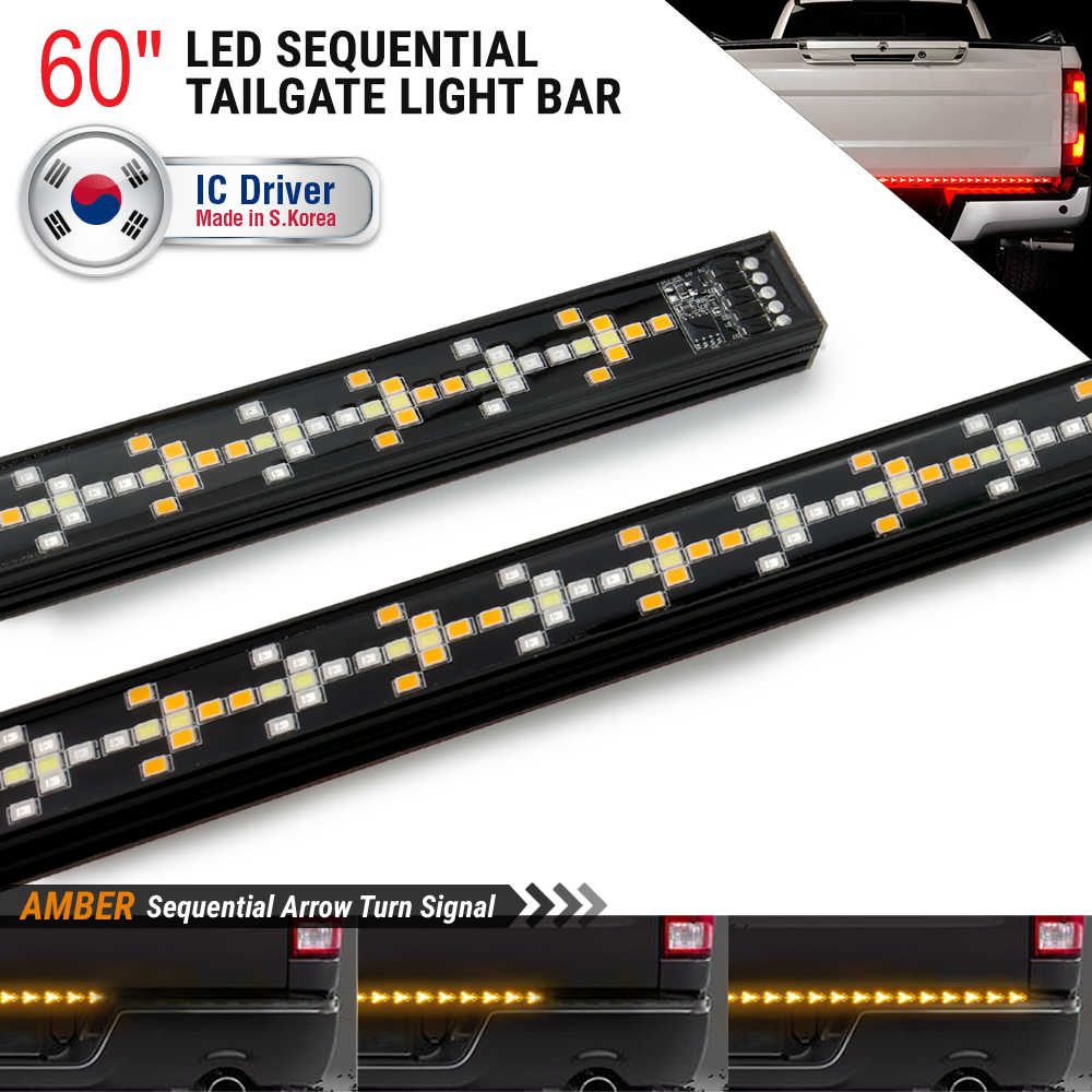 Two black 60-inch LED sequential tailgate light bars shown on a white background, with text reading '60" LED SEQUENTIAL TAILGATE LIGHT BAR' and 'AMBER Sequential Arrow Turn Signal.' A small badge says 'IC Driver Made in S.