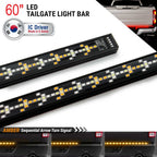 Two black 60-inch LED tailgate light bars shown on a white background, with text reading '60" LED TAILGATE LIGHT BAR,' 'IC Driver Made in S.Korea,' and 'AMBER Sequential Arrow Turn Signal.