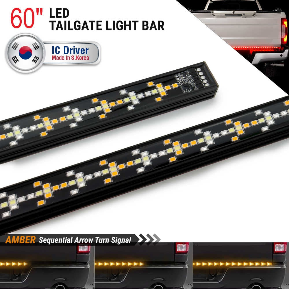 Two black 60-inch LED tailgate light bars shown on a white background, with text reading '60" LED TAILGATE LIGHT BAR,' 'IC Driver Made in S.Korea,' and 'AMBER Sequential Arrow Turn Signal.
