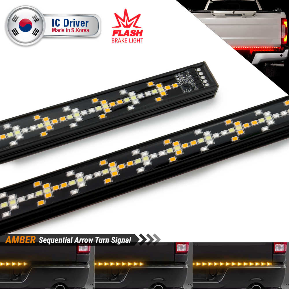 Two black LED brake light and amber sequential arrow turn signal light bars shown on a white background, with a small inset showing the lights installed on the rear of a vehicle. Branding includes IC Driver Made in S.