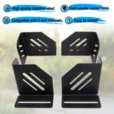 Four black metal brackets on a light background with text about material and compatibility.