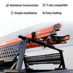Rack with red panels and metal structure on a white background, featuring text about construction and compatibility.