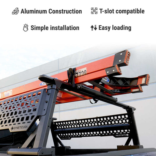 Rack with red panels and metal structure on a white background, featuring text about construction and compatibility.