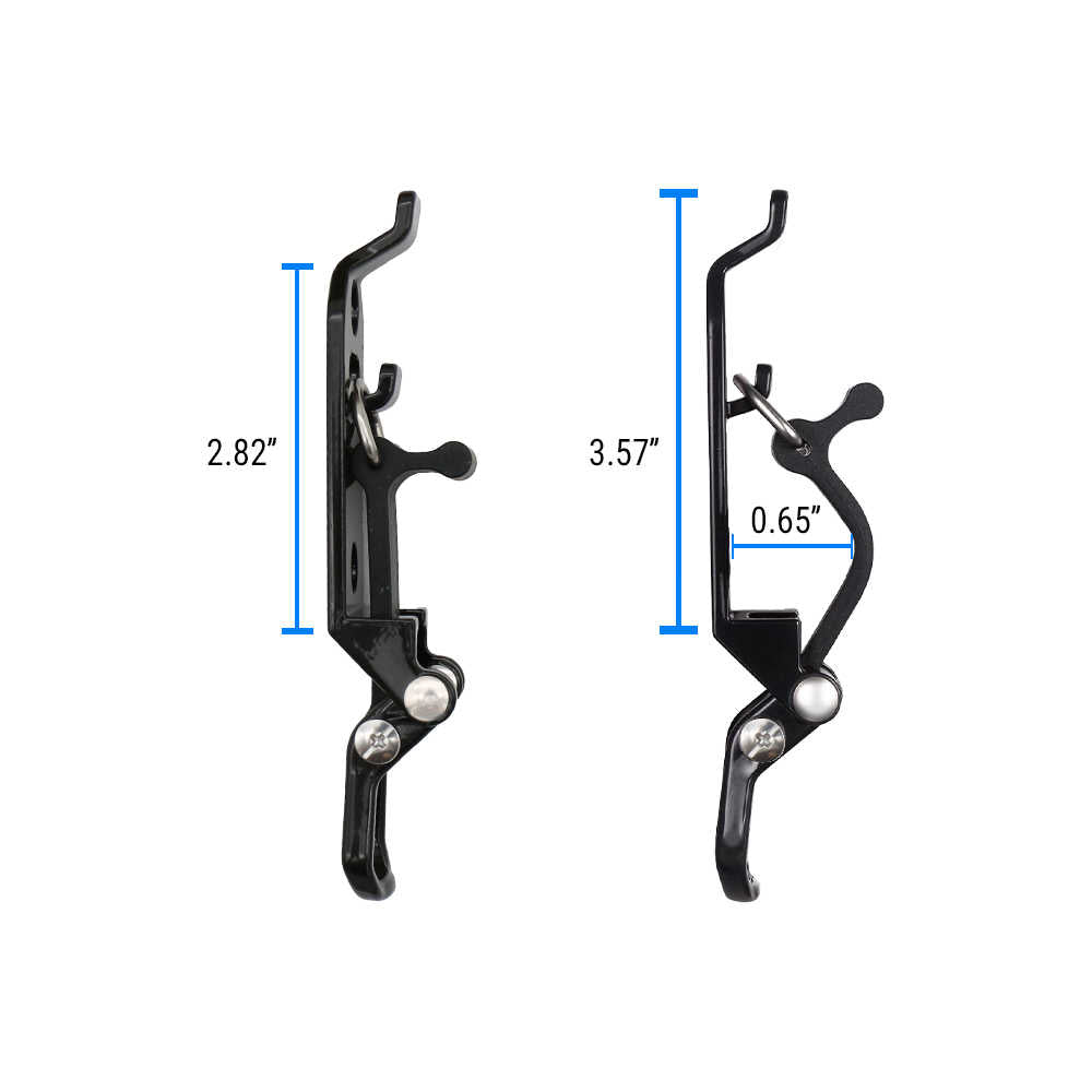 Two black metal mounting brackets shown side by side on a white background, each with blue dimension lines and text indicating measurements (2.82 inches, 3.57 inches and 0.65 inches)