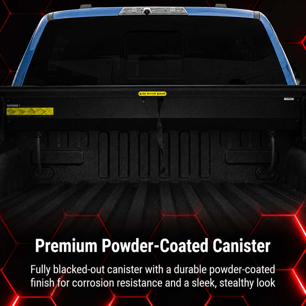 Black powder-coated canister on a truck bed with text describing its features.
