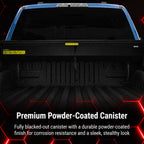 Black powder-coated canister on a truck bed with text describing its features.