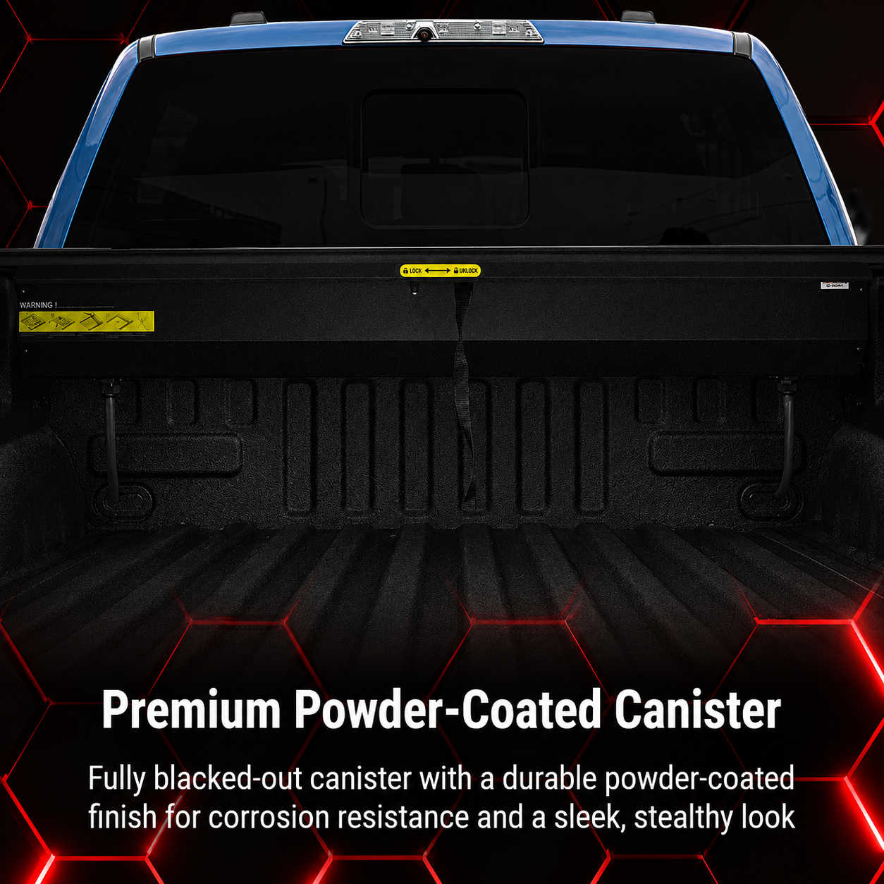 Black powder-coated canister on a truck bed with text describing its features.