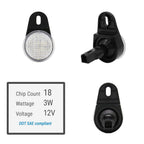 Three views of a 12V 3W 18-chip DOT SAE compliant LED marker light on a white background, with a technical specification card showing chip count, wattage, and voltage.