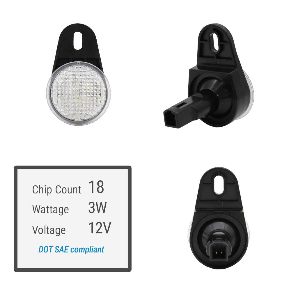 Three views of a 12V 3W 18-chip DOT SAE compliant LED marker light on a white background, with a technical specification card showing chip count, wattage, and voltage.