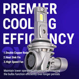 LED bulb with text highlighting cooling efficiency on a blue background