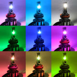 Collage of LED light bulbs emitting different colors on a colorful gradient background.