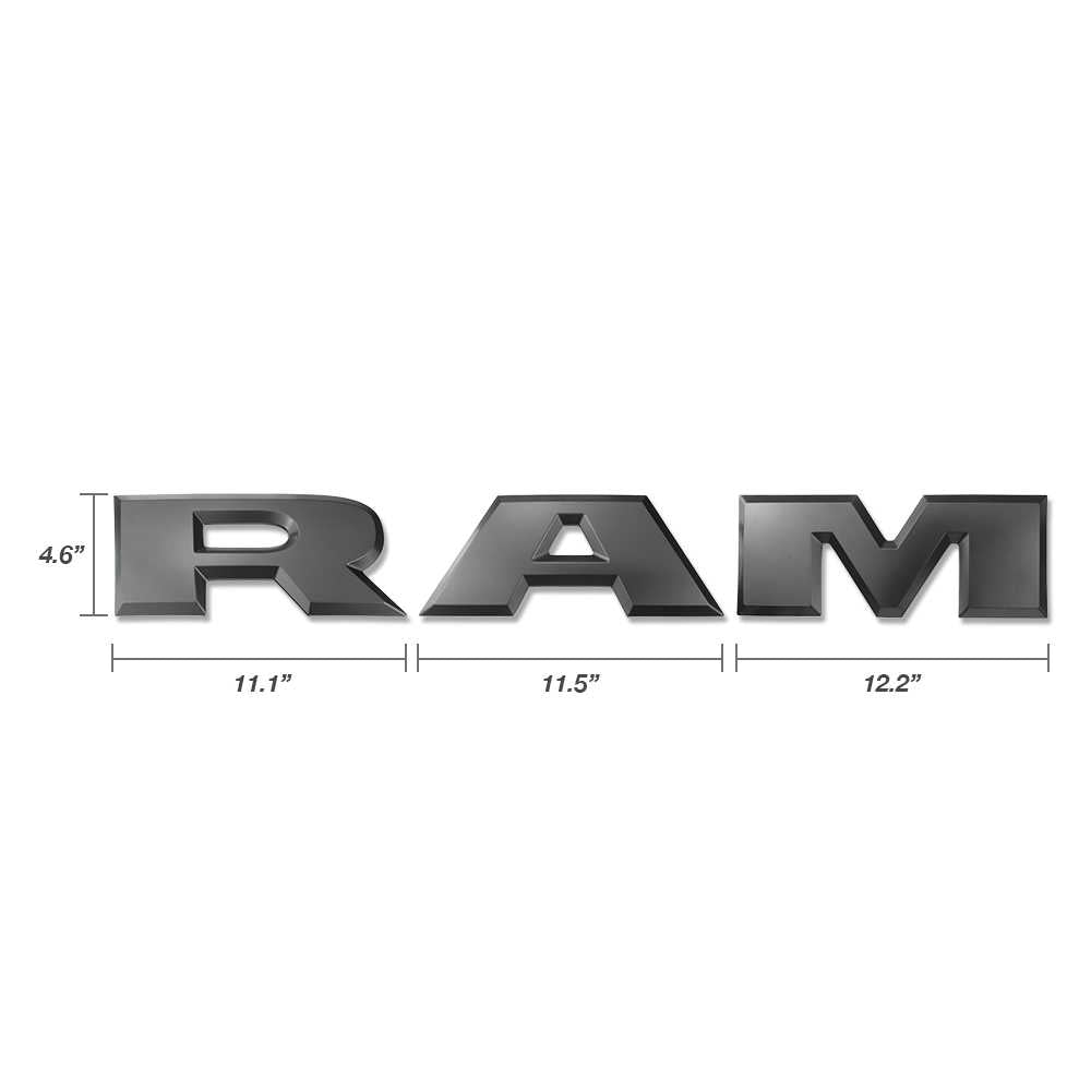 RAM truck emblem badge, 3D black lettering with dimensions for Ram 1500, durable auto accessory