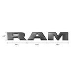 RAM truck emblem badge, 3D black lettering with dimensions for Ram 1500, durable auto accessory