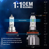 Two automotive light fog light bulbs with measurements and text on a blue background