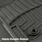 A close-up of a dark gray molded rubber car floor mat with textured ridges and a circular grommet, with the text 'Highly Durable Rubber' overlaid at the bottom.