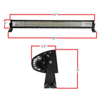 Black LED light bar with dimension annotations showing overall length, width, and mounting bracket measurements on a white background.