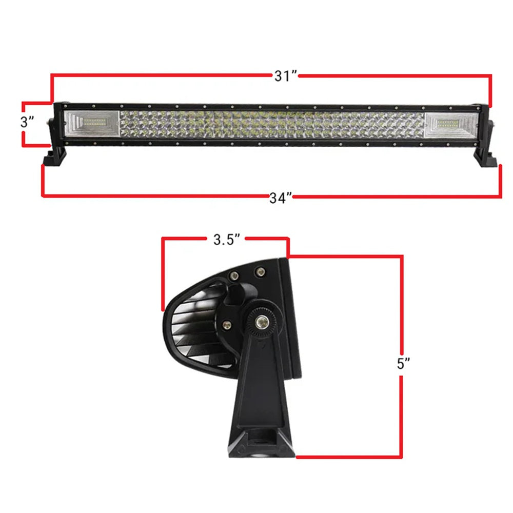 Black LED light bar with dimension annotations showing overall length, width, and mounting bracket measurements on a white background.