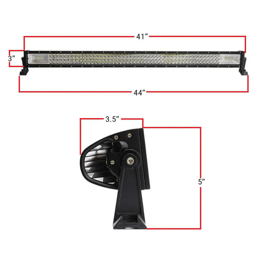 A black LED light bar with red dimension lines showing measurements of 41 inches by 44 inches, plus a mounting bracket view labeled 3.5 inches by 5 inches, on a white background.