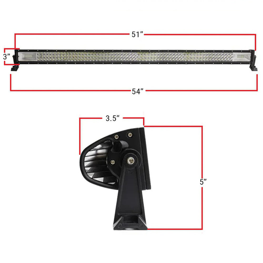 A black LED light bar and its mounting bracket shown on a white background with red dimension lines and labels indicating 51 inches, 54 inches, 3.5 inches, and 5 inches.