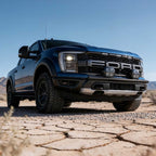 Blue Ford truck on a desert road with mountains in the background