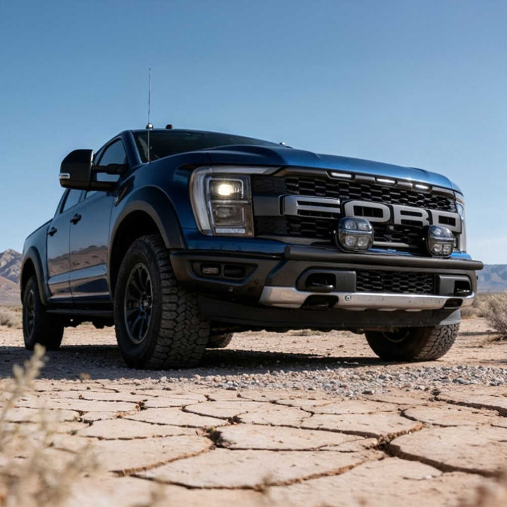 Blue Ford truck on a desert road with mountains in the background