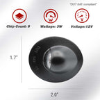 A black oval automotive light with a clear lens, shown on a light gray brushed background with feature icons and dimensions labeled 1.7 inches height and 2.0 inches weight.